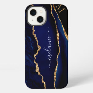 Agate Navy Blue Gold Glitter Monogram iPhone Case