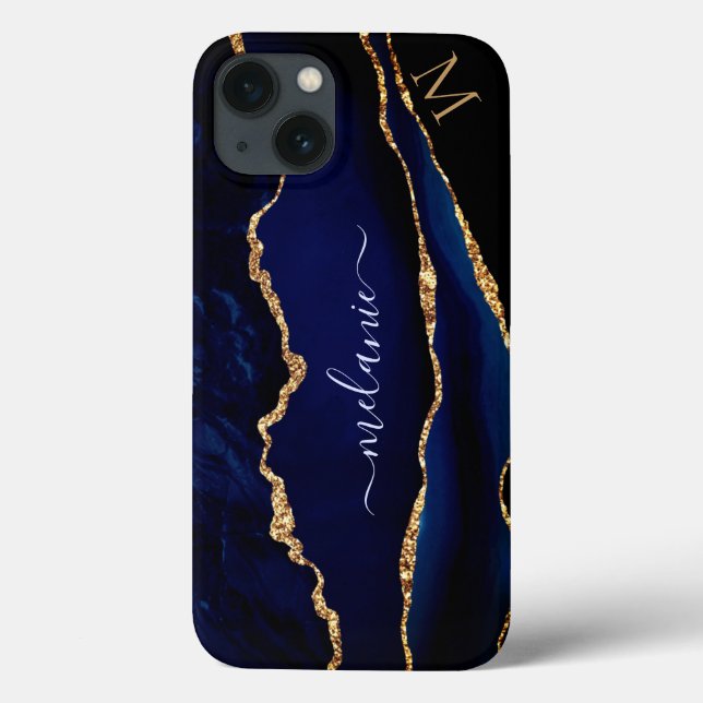 Agate Navy Blue Gold Glitter Monogram iPhone Case (Back)