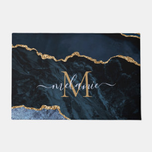 Agate Navy Blue Gold Glitter Name Monogram Doormat