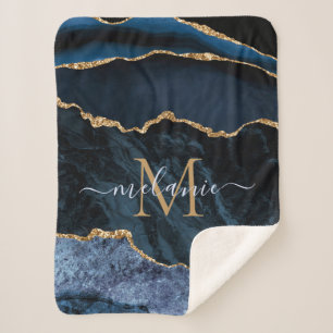 Agate Navy Blue Gold Marble Custom Letter Name Sherpa Blanket