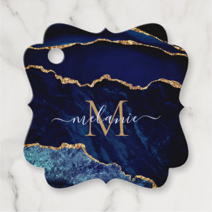 Agate Navy Blue Gold Marble Custom Name Gift Tags