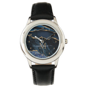 Agate Navy Blue Gold Marble Custom Name Watch