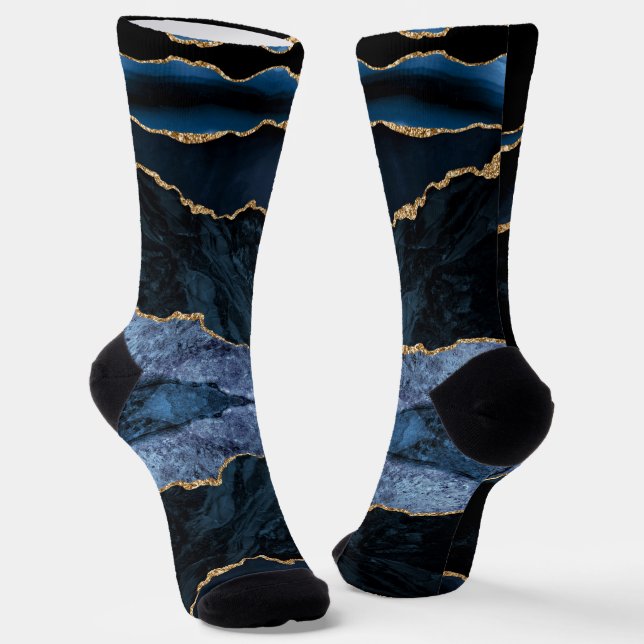 Agate Navy Blue Gold Marble Gemstone Socks (Angled)