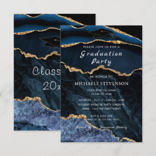 Agate Navy Blue Gold Marble Grad Invitation