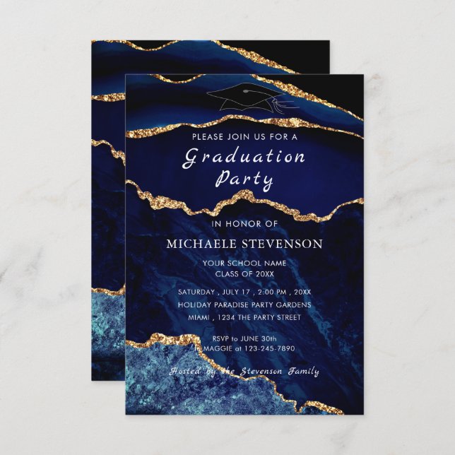 Agate Navy Blue Gold Marble Graduation Invitation (Front/Back)