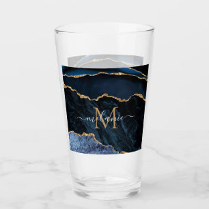 Agate Navy Blue Gold Marble Monogram Name Glass
