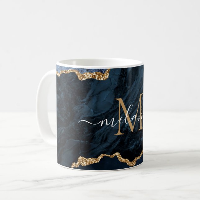 Agate Navy Blue Gold Marble Mug Cadeau Votre nom (Devant gauche)