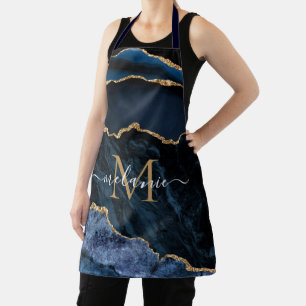 Agate Navy Blue Gold Marble Name Letter Apron Gift