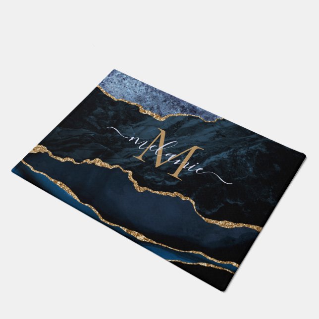 Agate Navy Blue Gold Marble Name Letter Doormat (Angled)