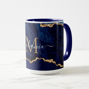 Agate Navy Blue Gold Marble Name Letter Mug Gift