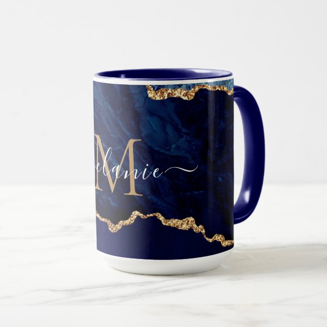 Agate Navy Blue Gold Marble Name Letter Mug Gift (Front Right)