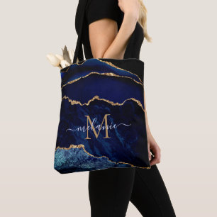 Agate Navy Blue Gold Marble Name Letter Tote Bag
