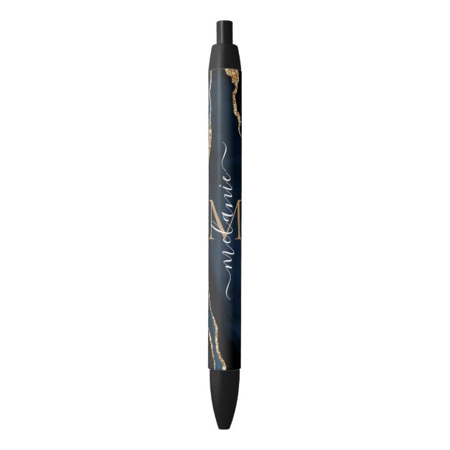 Agate Navy Blue Gold Marble Nom Lettre stylo cadea (devant Vertical)