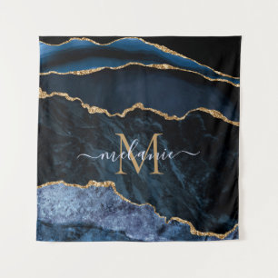 Agate Navy Blue Gold Marble Tapestry Monogram Name