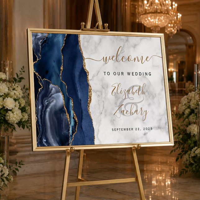 Agate Navy Blue Gold Marble Wedding Welcome Poster (Creator Uploaded)