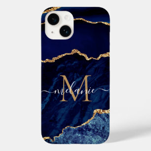 Agate Navy Blue Gold Marble Your Name and Letter Case-Mate iPhone 14 Case