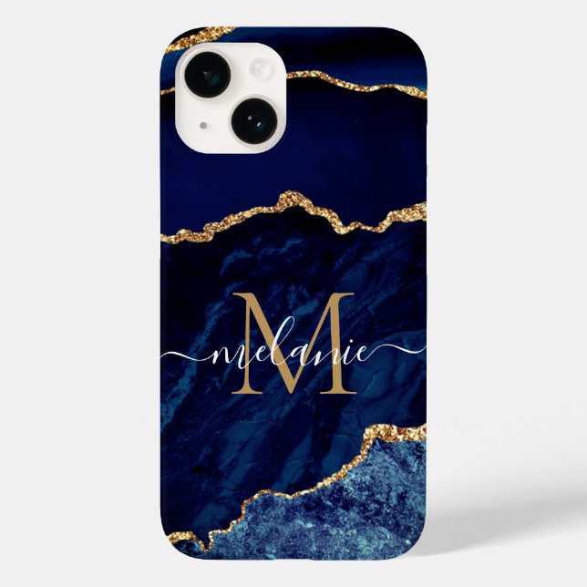 Agate Navy Blue Gold Marble Your Name and Letter Case-Mate iPhone Case (Back)