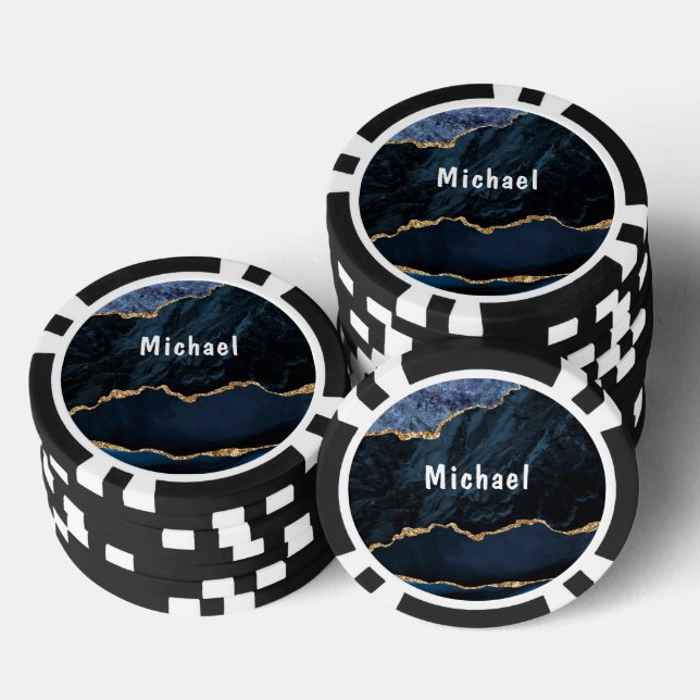 Agate Navy Blue Gold Marble Your Name Poker Chips (Stack)