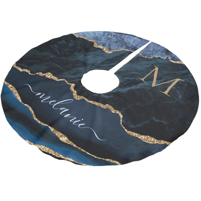 Agate Navy Blue Gold Marble Your Name Tree Skirt (Angled)