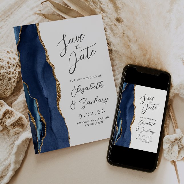 Agate Navy Blue Gold Modern Script Wedding Save The Date (Creator Uploaded)