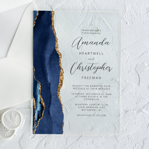 Agate Navy Blue Gold Script Wedding Acrylic Invitations