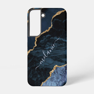 Agate Navy Blue Gold Sparkle Custom Name Marble Samsung Galaxy Case