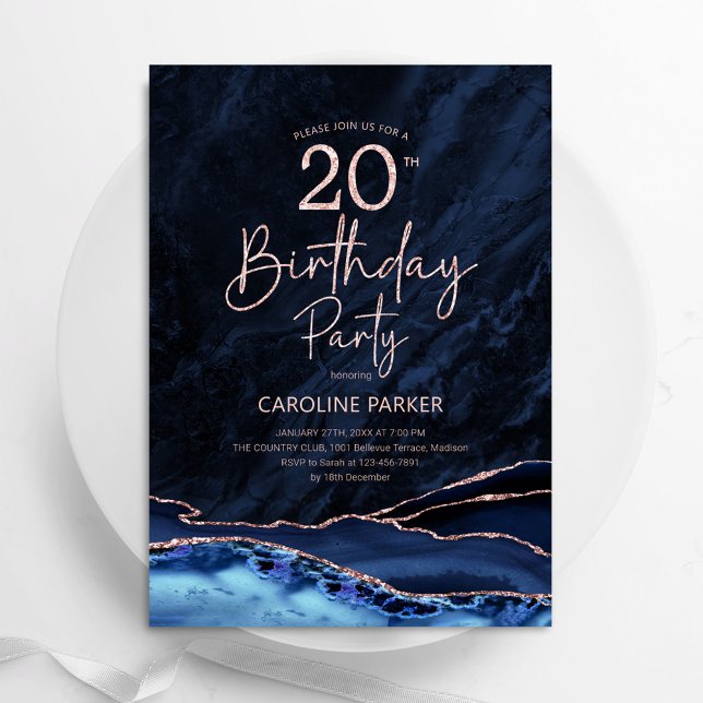 Agate Navy Blue Rose Gold 20th Birthday Invitation (Creator Uploaded)