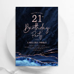 Agate Navy Blue Rose Gold 21st Birthday Invitation<br><div class="desc">Navy blue and rose gold agate 21st birthday party invitation. Elegant modern design featuring royal blue watercolor agate marble geode background,  faux glitter rose gold and typography script font. Trendy invite card perfect for a stylish women's bday celebration. Printed Zazzle invitations or instant download digital printable template.</div>