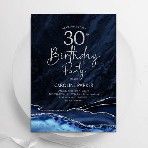 Agate Navy Blue Silver 30th Birthday Invitation