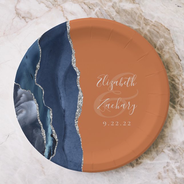Agate Navy Blue Silver Burnt Orange Wedding Paper Plate (Creator Uploaded)