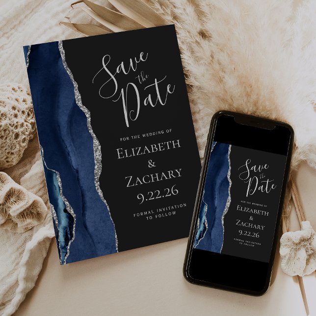 Agate Navy Blue Silver Dark Save the Date Card (Creator Uploaded)