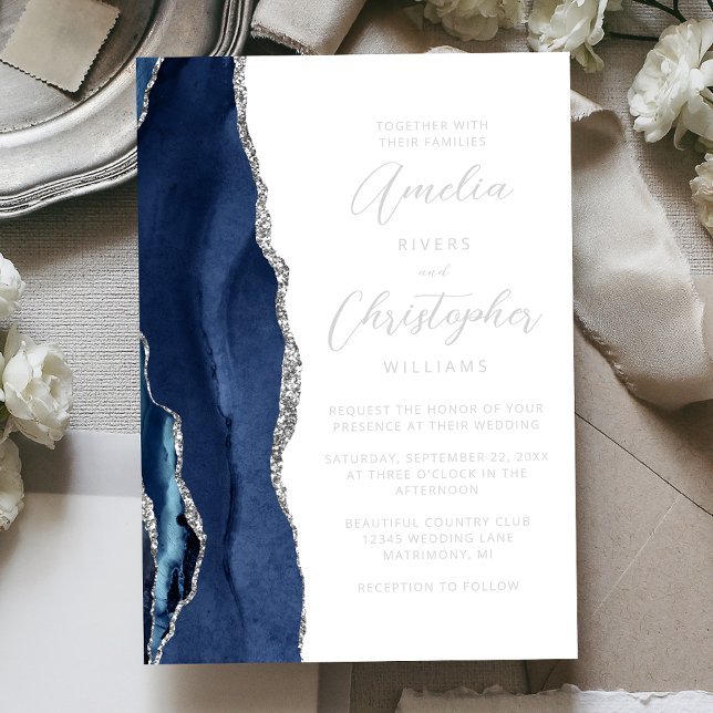 Agate Navy Blue Silver Modern Script Wedding (Creator Uploaded)
