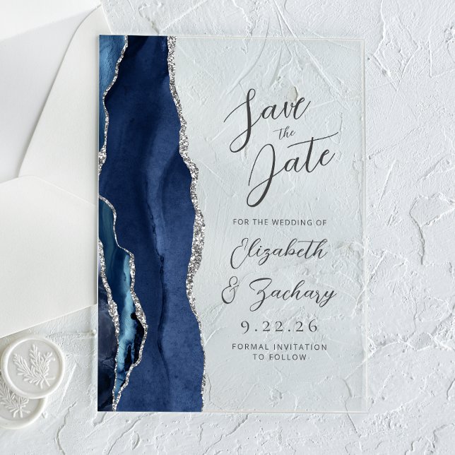 Agate Navy Blue Silver Modern Script Wedding Acrylic Invitations (Creator Uploaded)