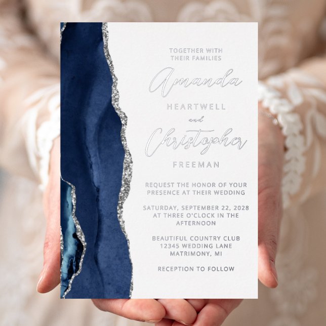 Agate Navy Blue Silver Script Wedding (Creator Uploaded)
