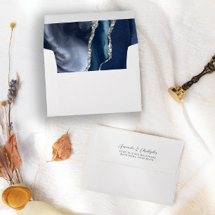 Agate Navy Blue Silver Script Wedding Envelope