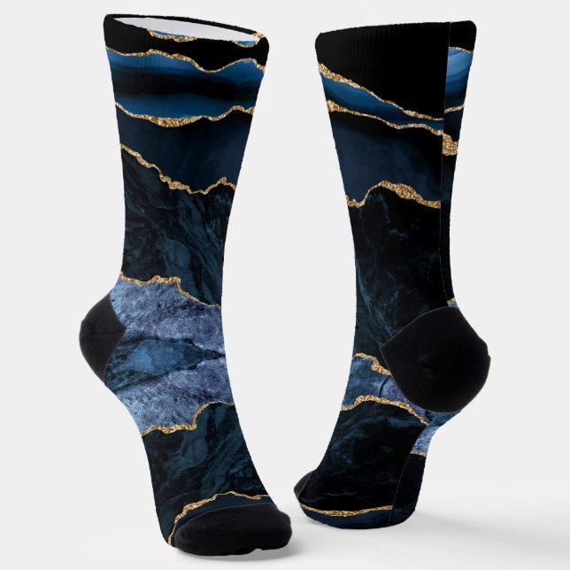 Agate Navy Blue Socks with Gold Glitter Marble (Angled)