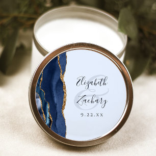 Agate Navy Script Pale Blue Gold Wedding Classic Round Sticker