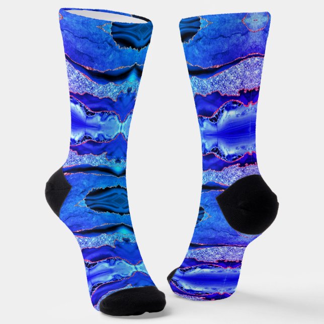 Agate Neon Blue Gold Glitter Marble Socks (Angled)