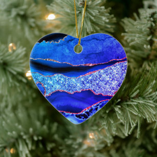 Agate Neon Blue Gold Glitter Marble Sparkle Ceramic Ornament