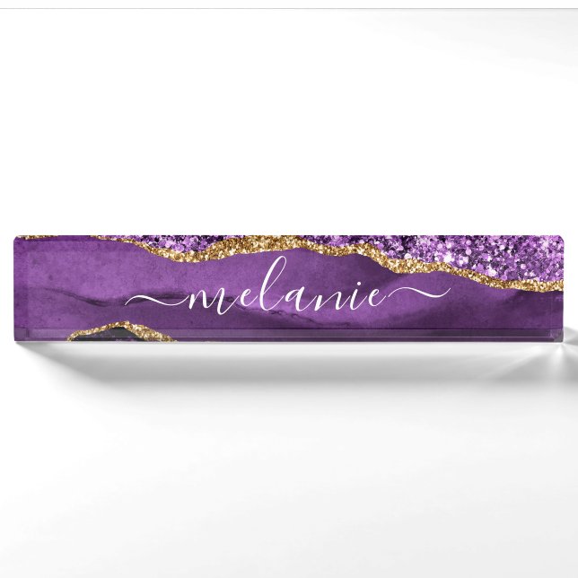 Agate Purple Gold Glitter Custom Desk Name Plate (Front)