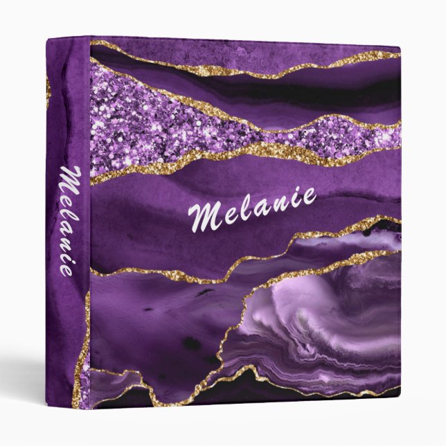 Agate Purple Gold Glitter Custom Name Binder Gift (Front/Spine)