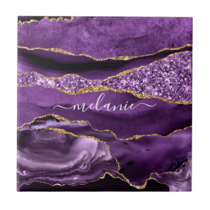 Agate Purple Gold Glitter Custom Name Ceramic Tile