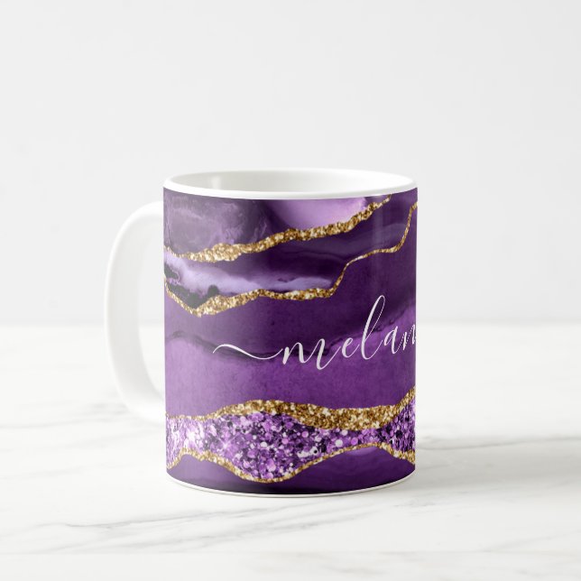 Agate Purple Gold Glitter Custom Name Coffee Mug (Front Left)