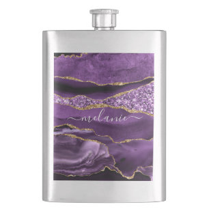 Agate Purple Gold Glitter Custom Name Flask