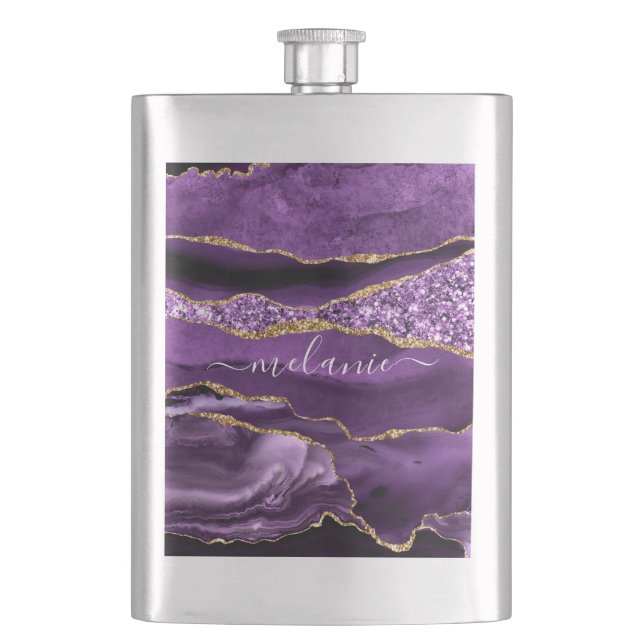 Agate Purple Gold Glitter Custom Name Flask (Front)