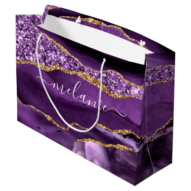 Agate Purple Gold Glitter Custom Name Gift Bag (Back Angled)