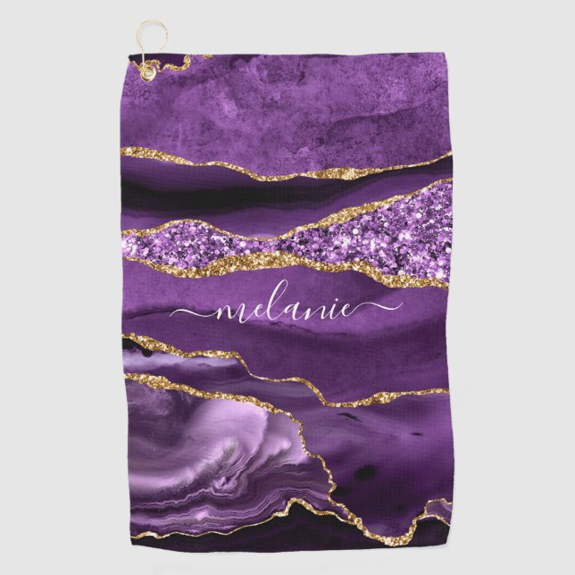 Agate Purple Gold Glitter Custom Name Golf Towel (Front)
