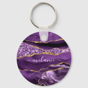Agate Purple Gold Glitter Custom Name Keychain