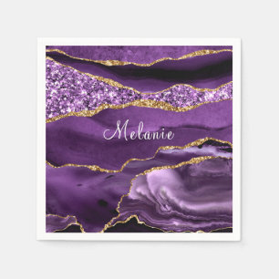 Agate Purple Gold Glitter Custom Name Napkins