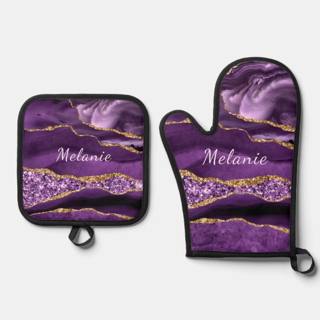 Agate Purple Gold Glitter Custom Name Personalized Oven Mitt & Pot Holder Set (Front)